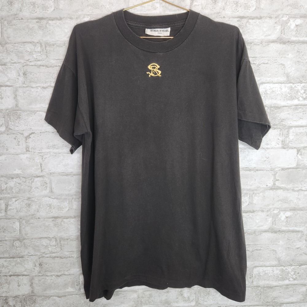 Sonia Rykiel T-Shirt Black Gold Monogram Logo Designer Minimalist